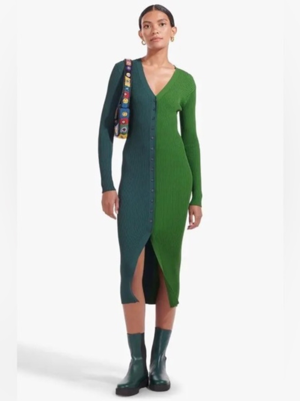 Staud Shoko Two Tone Cardigan Sweater Dress In Green